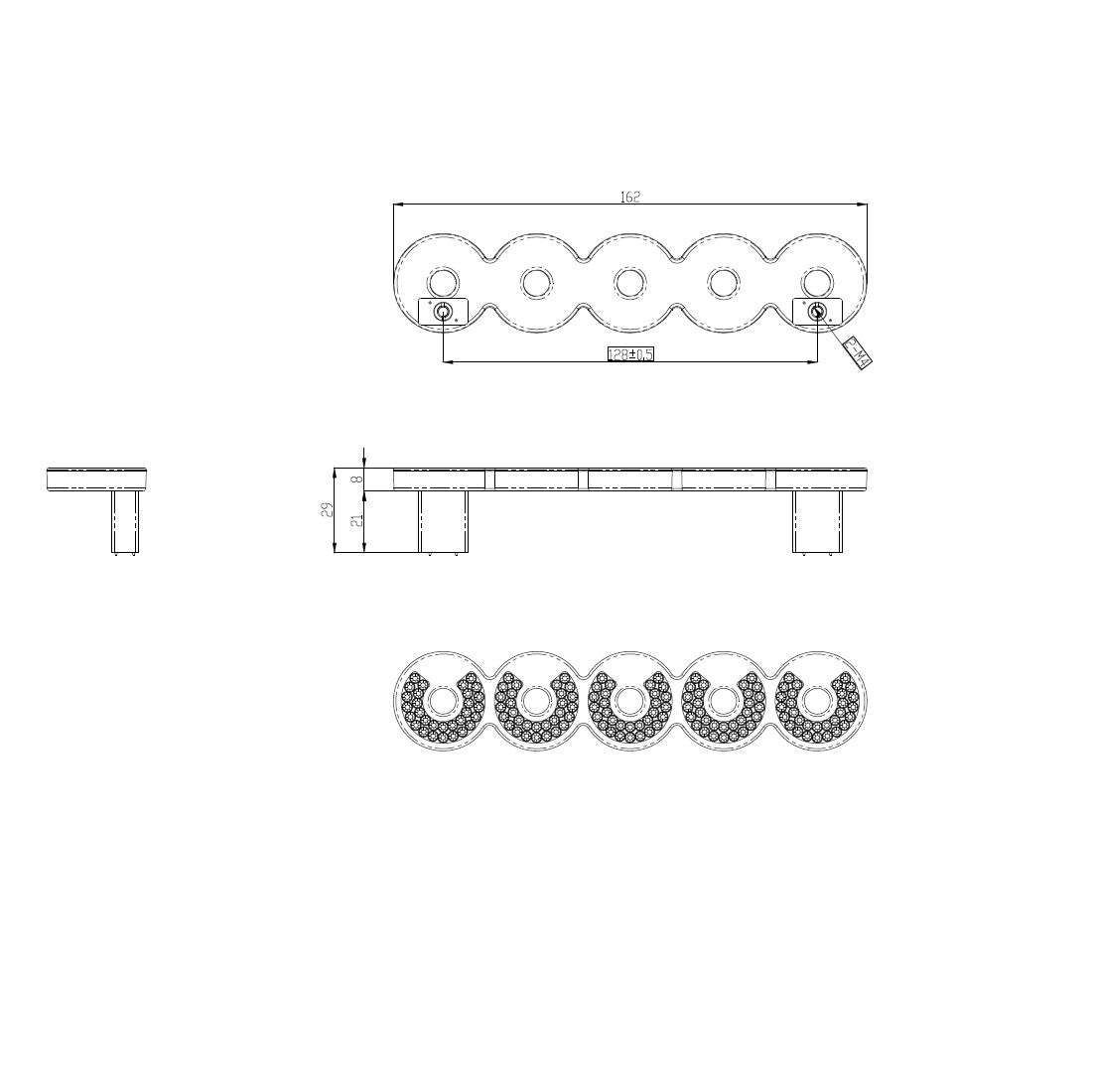 Technische Zeichnung des Kristall-Bügelgriffes Yola Chrom glänzend galvanisiert BA 128 mm