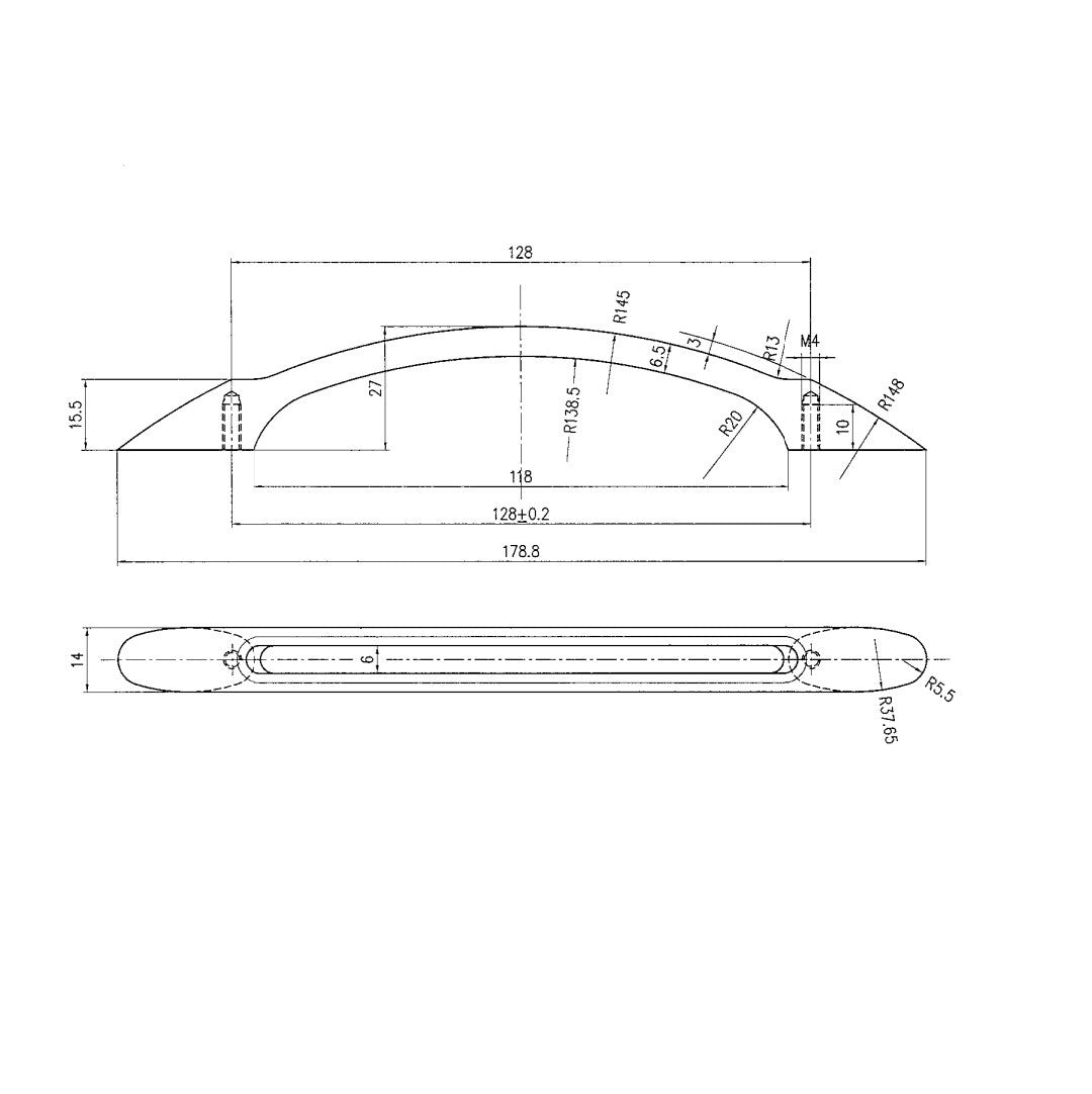 Technische Zeichnung Bogengriff Cassy 128 mm aluminiumgrau auf weissem Hintergrund