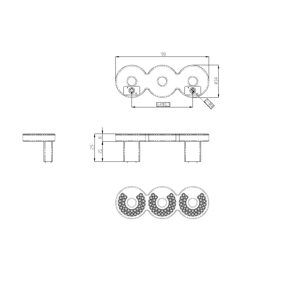 Technische Zeichnung Bügelgriff Calanthe mit 3 Kristallelementen, Lochabstand 64 mm