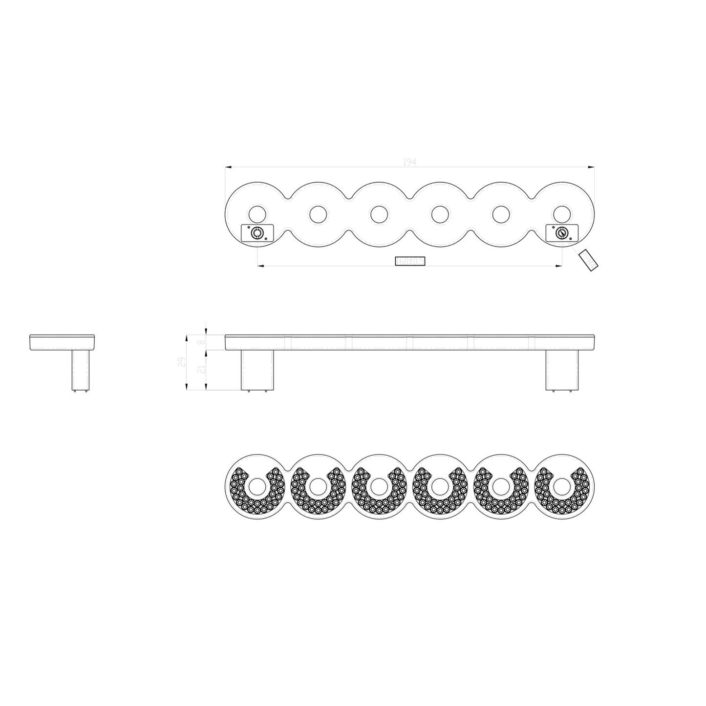 Technische Zeichnung Bügelgriff Calanthe mit 6 Kristallelementen, Lochabstand 160 mm