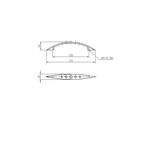 Technische Zeichnung Design-Bogengriff Wisteria 128 mm Nickel matt galvanisiert auf weißem Hintergrund