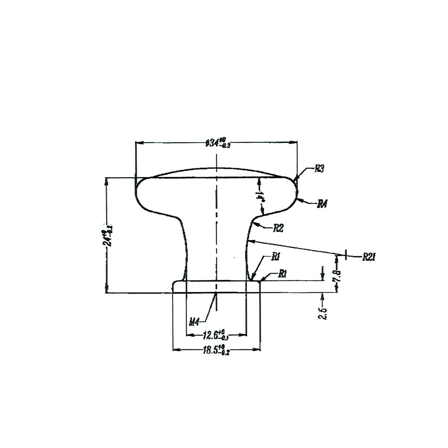 Technische Zeichnung Design-Möbelknopf Inula auf weißem Hintergrund