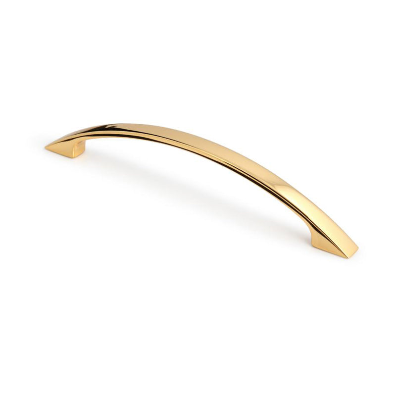 Klassischer Bogengriff Hazel 128 mm in Gold glänzend auf weißem Hintergrund
