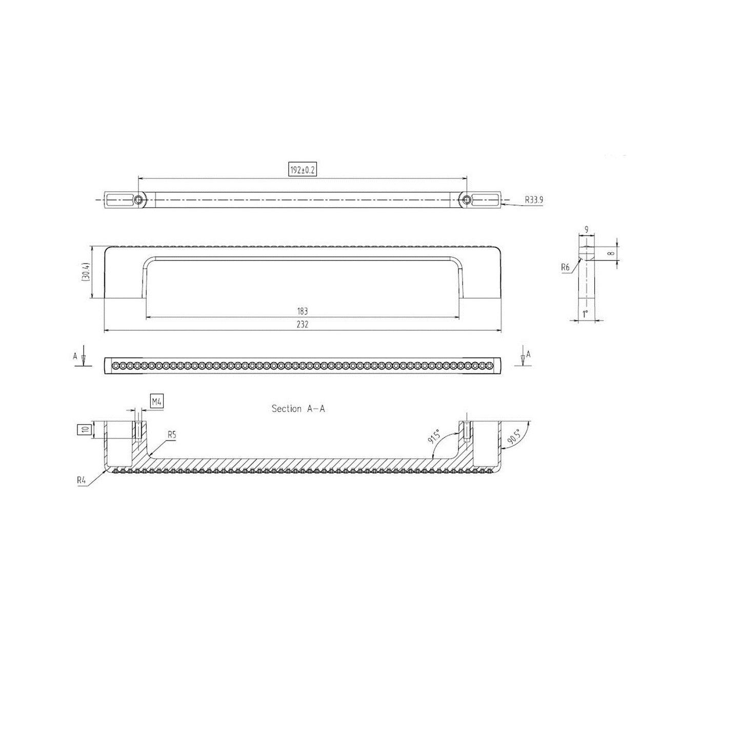 Technische Zeichnung Kristall-Bügelgriff Zehra 192 mm Chrom matt galvanisiert auf weißem Hintergrund