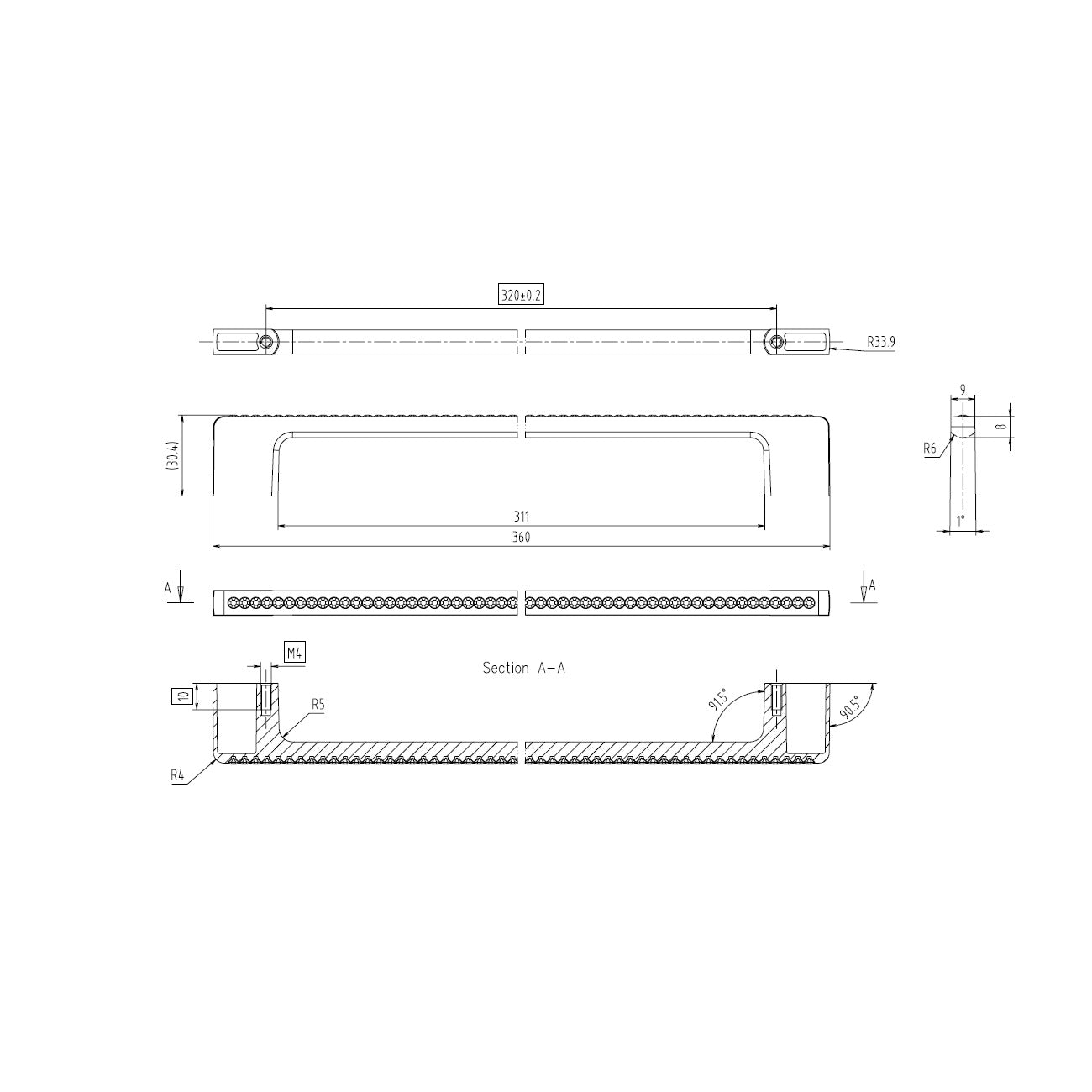 Technische Zeichnung Kristall-Bügelgriff Zehra 320 mm Chrom matt galvanisiert auf weißem Hintergrund