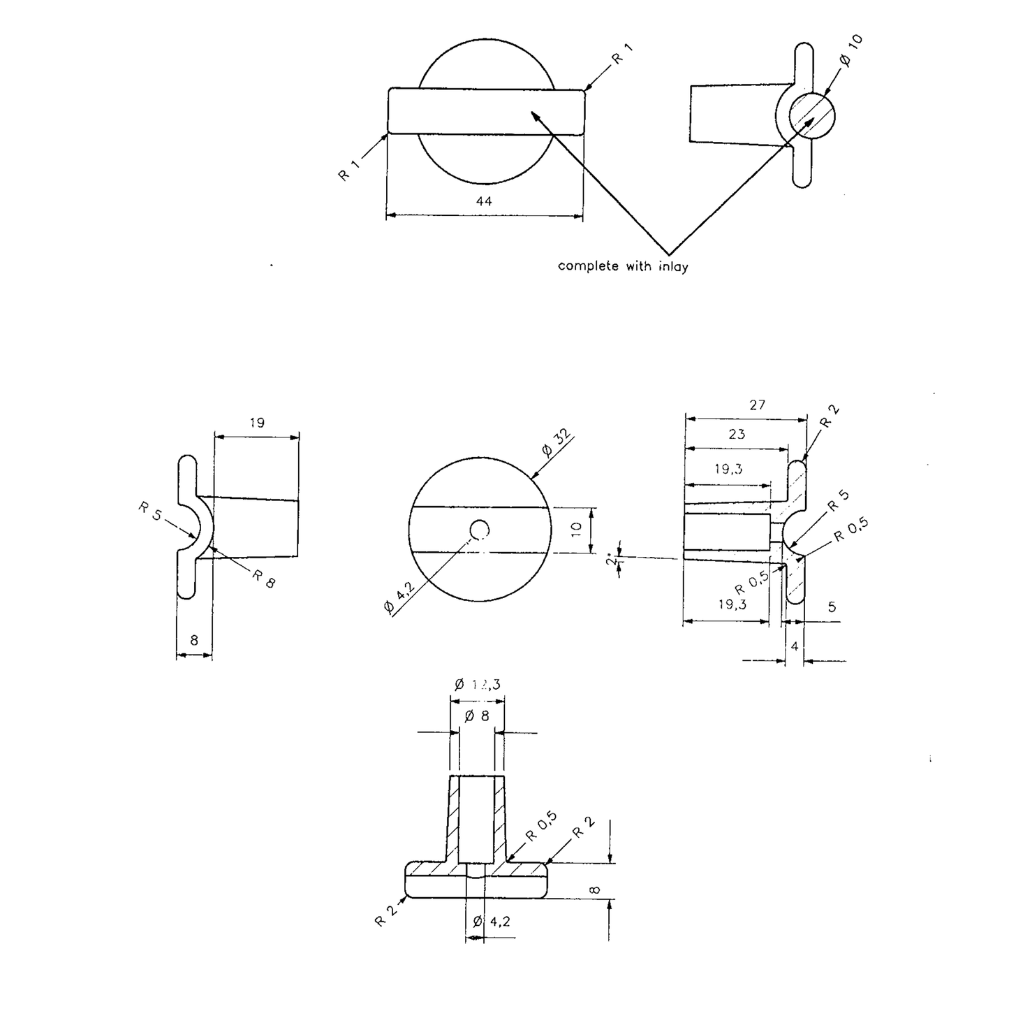 Technische Zeichnung Design-Möbelknopf Talia