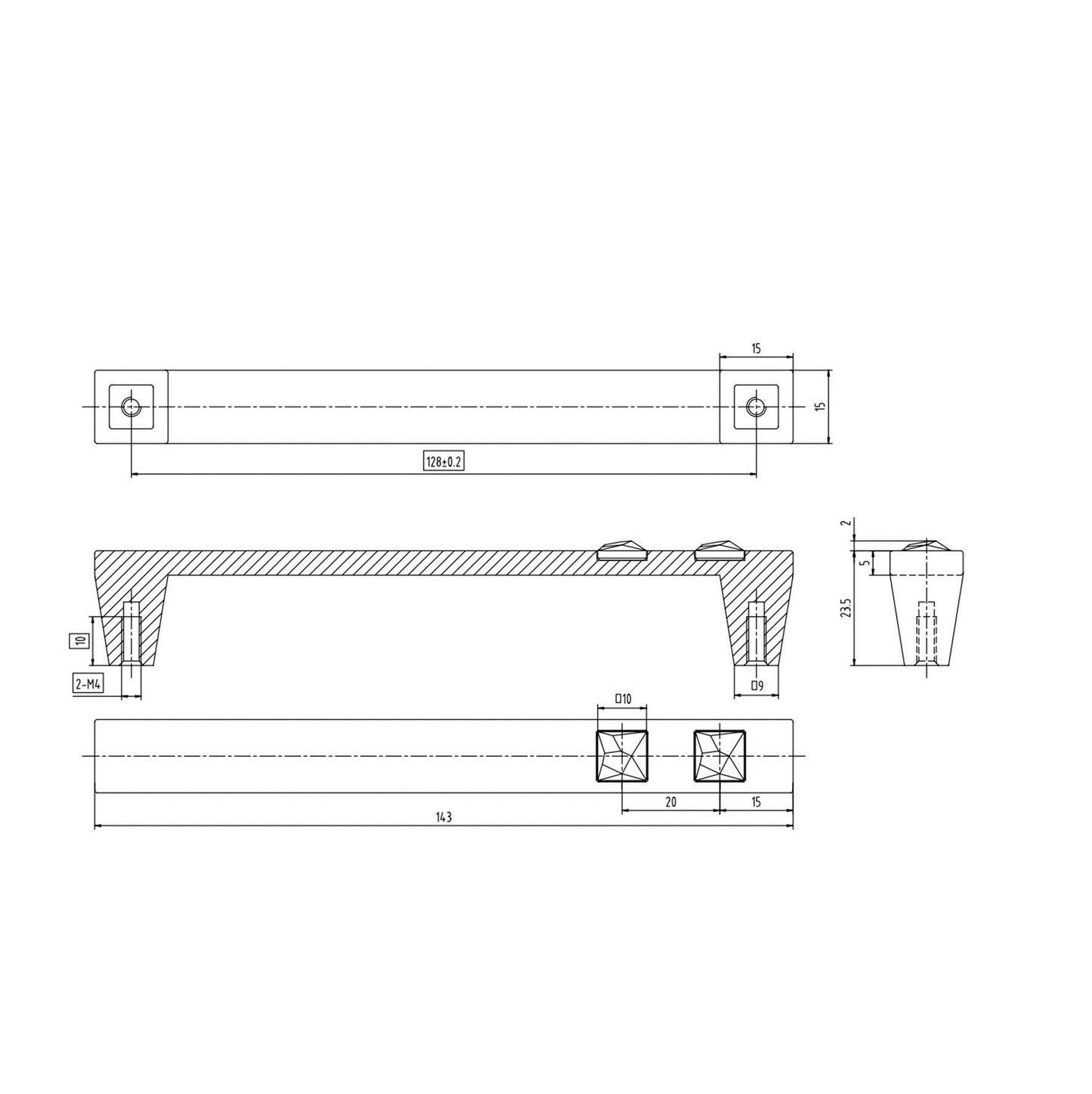 Technische Zeichnung Kristall-Bügelgriff Tuija 128 mm