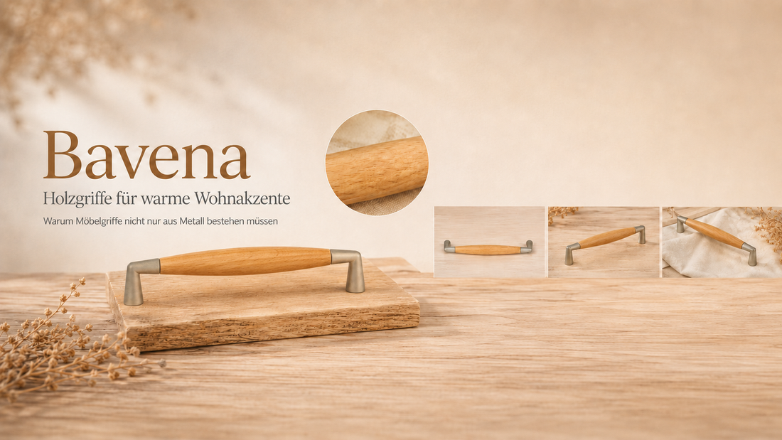 Design-Bügelgriff Bavena aus heller Buche und Nickel matt als Beispiel für Möbelgriffe aus Holz und Metall