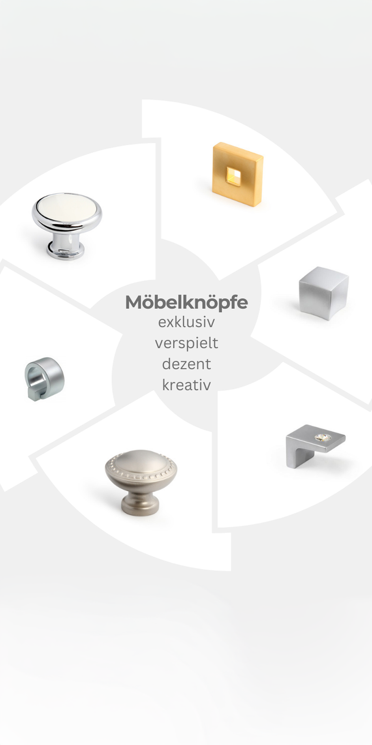 Möbelknöpfe mit unterschiedlichen Oberflächen und Designs kreisförmig angeordnet