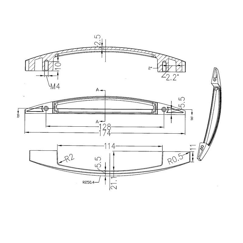 Zeichnung des Bügelgriffs Cattleya - Designgriff mit 128 mm Lochabstand 