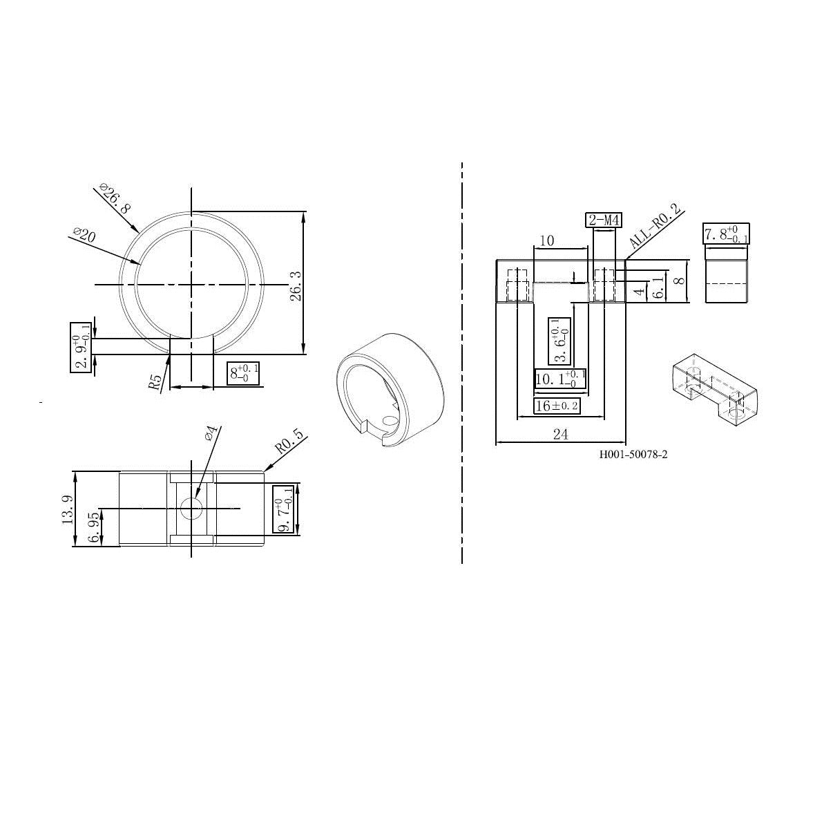 Technische Zeichnung des Design-Möbelknopfes Sayuri