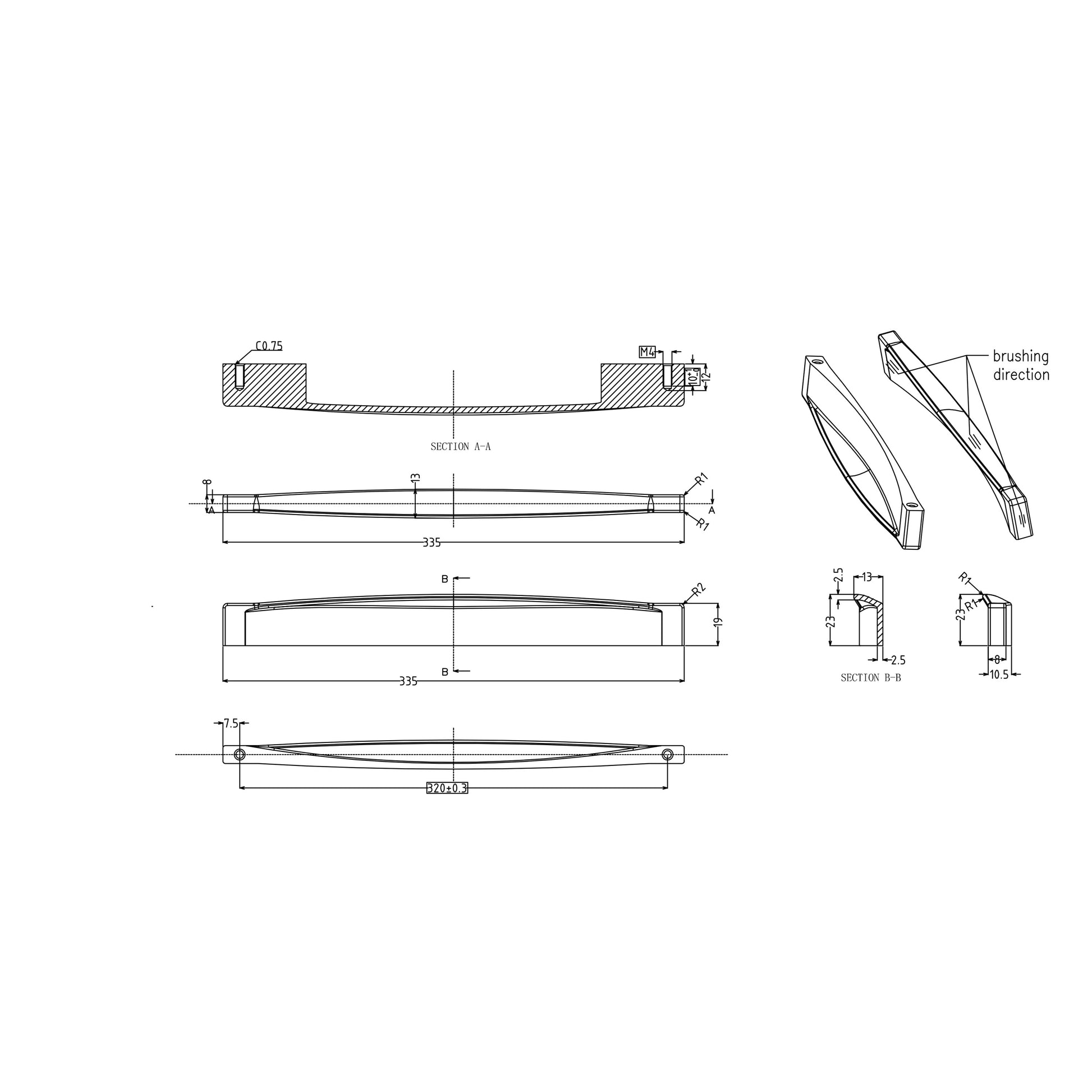 3140_Technische Zeichung_Griffleiste Velto in Edelstahleffekt und 320 mm Bohrabstand