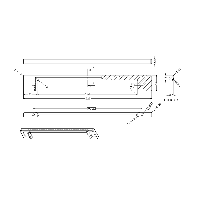 3321_Technische Zeichnung_Design-Bügelgriff Cordata Edelstahleffekt mit 192 mm Lochabstand