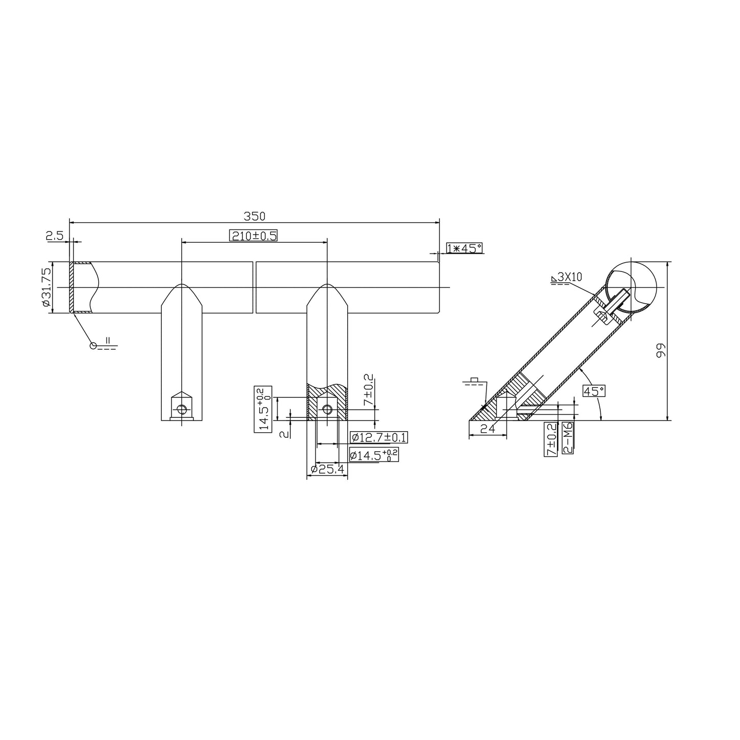 4009_Technische_Zeichung_4009_Haustuergriff_Linea_-_45_Edelstahlrohrgriff_mit_210_mm_Bohrabstand