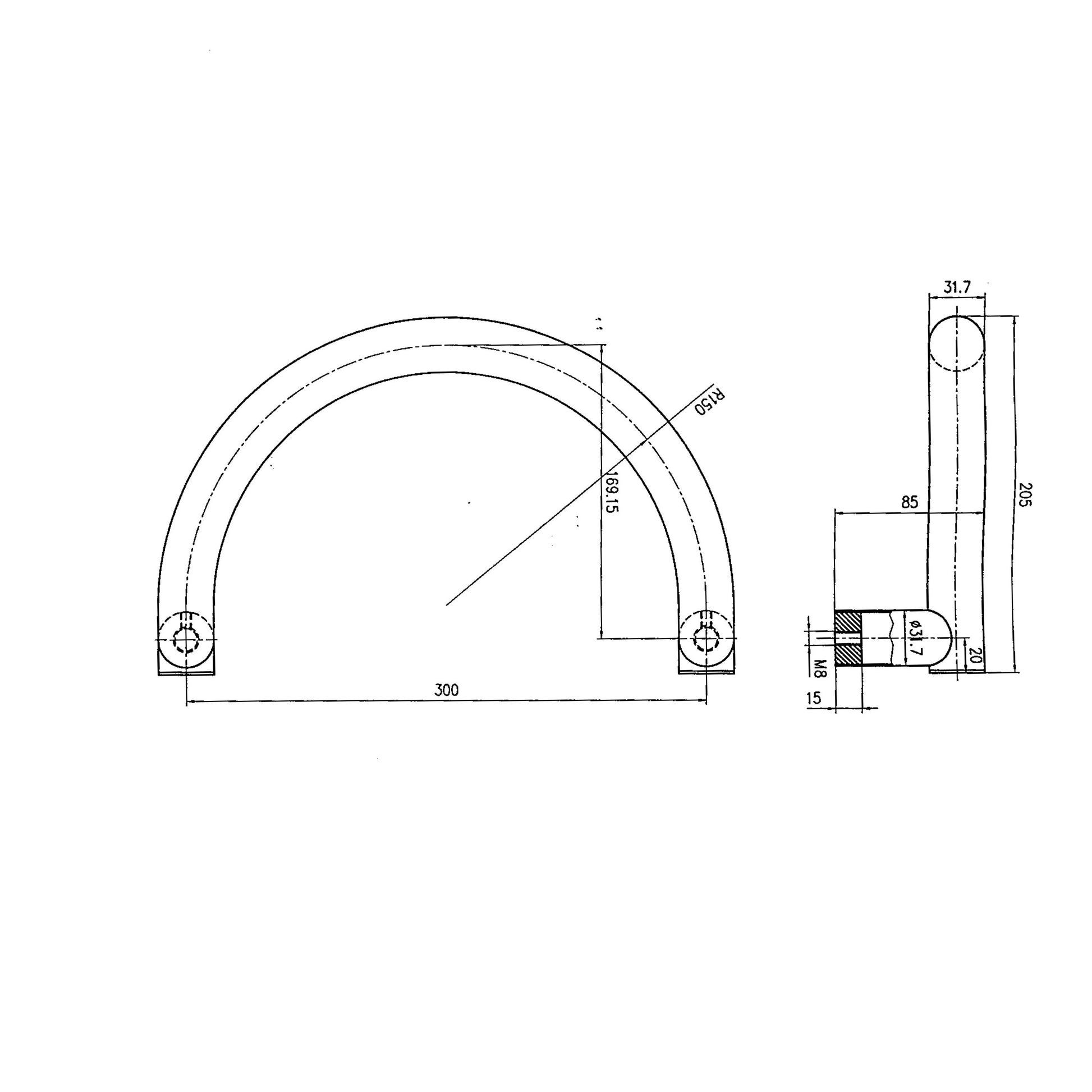 4011_Technische Zeichnung_Haustürgriff Arcus - 90° sichelförmiger Edelstahlhaustürgriff mit 300 mm Bohrabstand