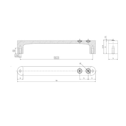 Technische Zeichnung Kristall-Bügelgriff Warda 128 mm auf weißem Hintergrund