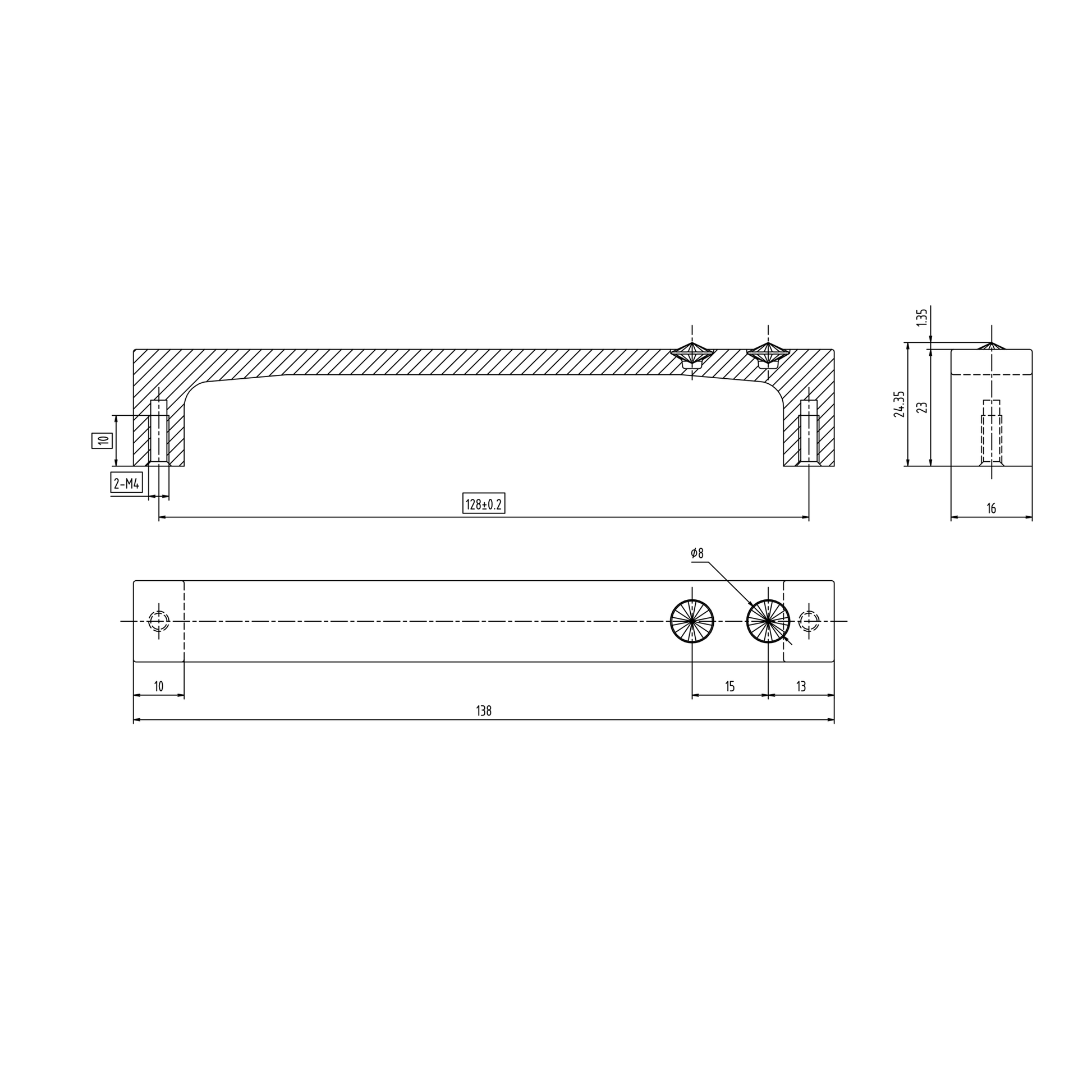 Technische Zeichnung Kristall-Möbelgriff Yoline 128 mm