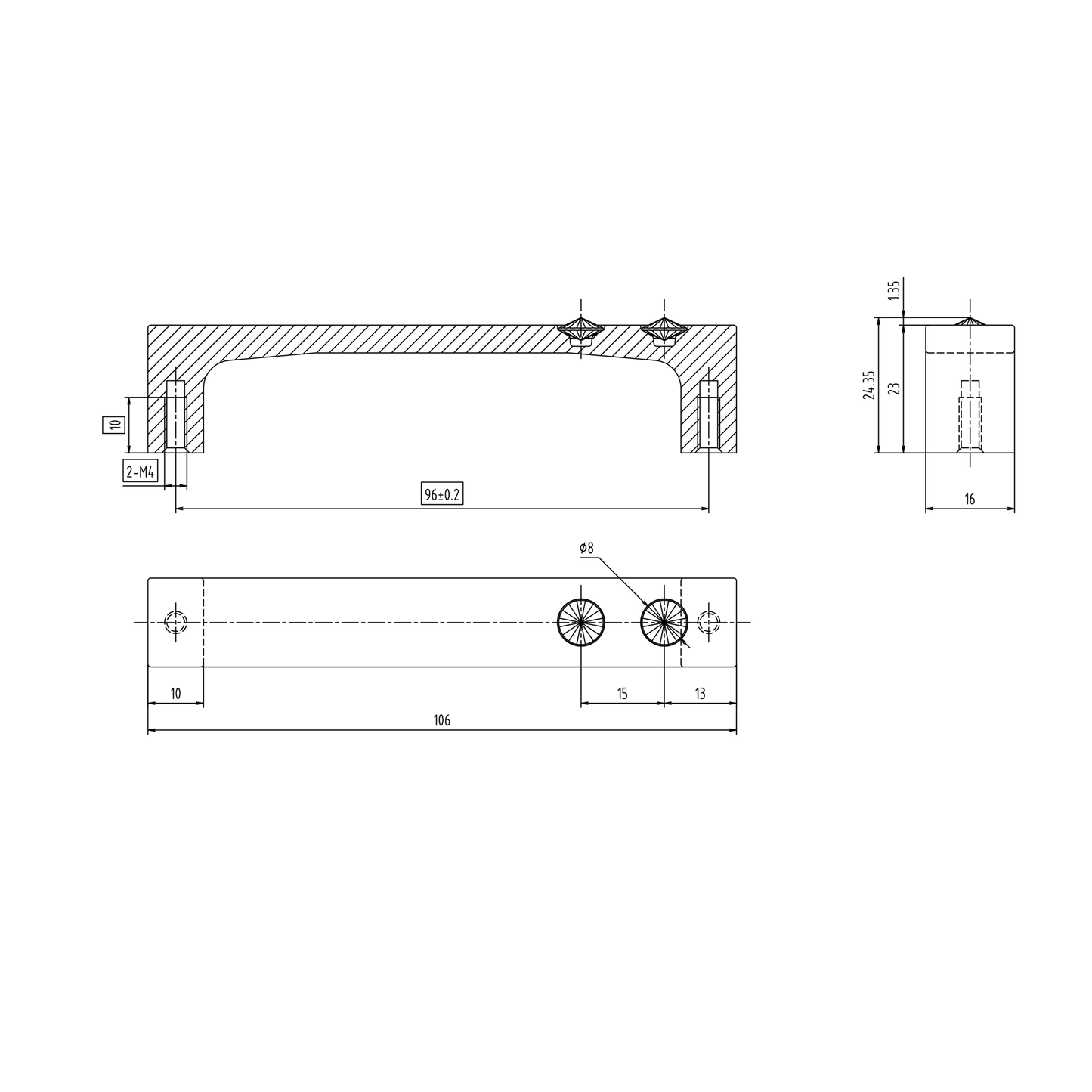 Technische Zeichnung Kristall-Möbelgriff Yoline 96 mm