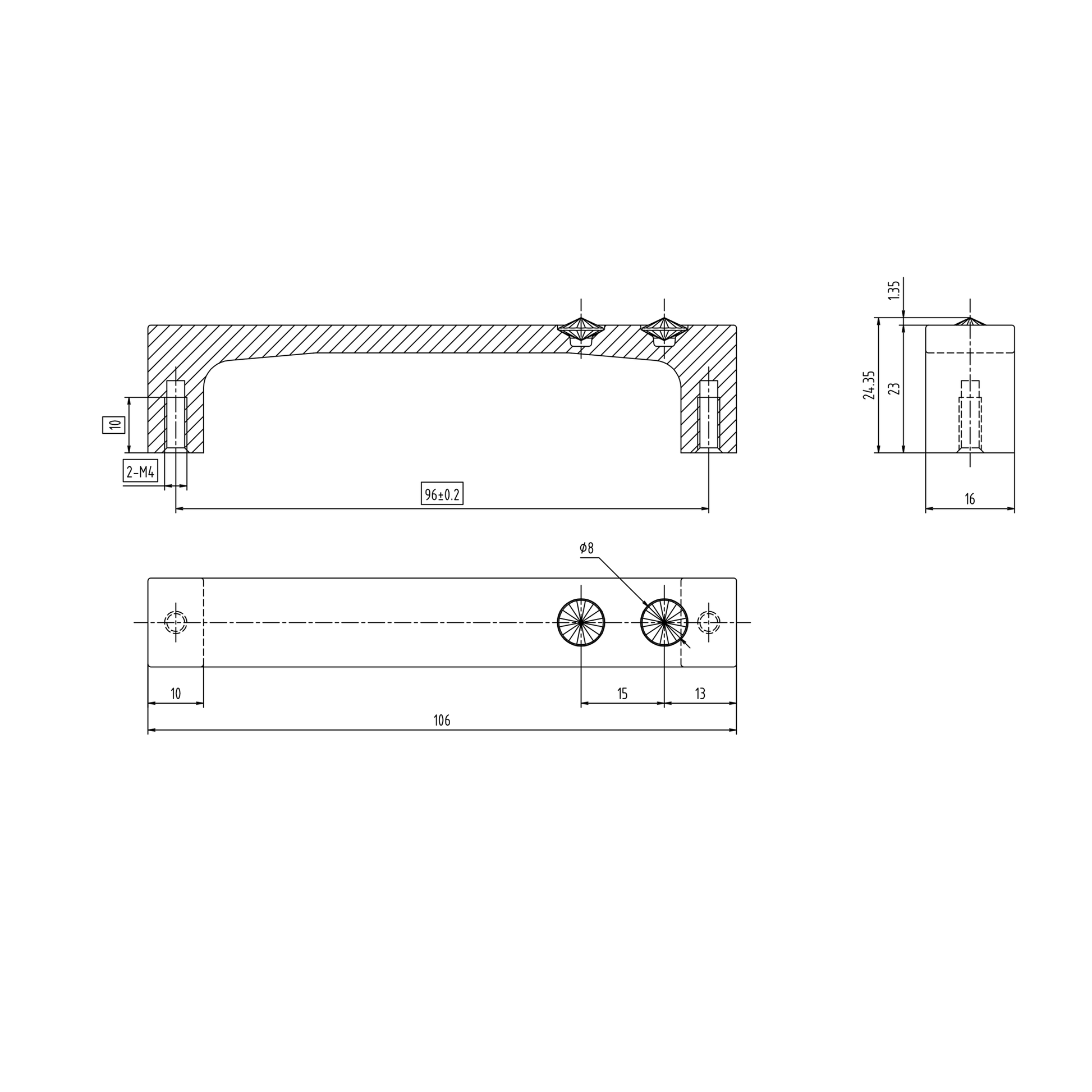 Technische Zeichnung Kristall-Möbelgriff Yoline 96 mm