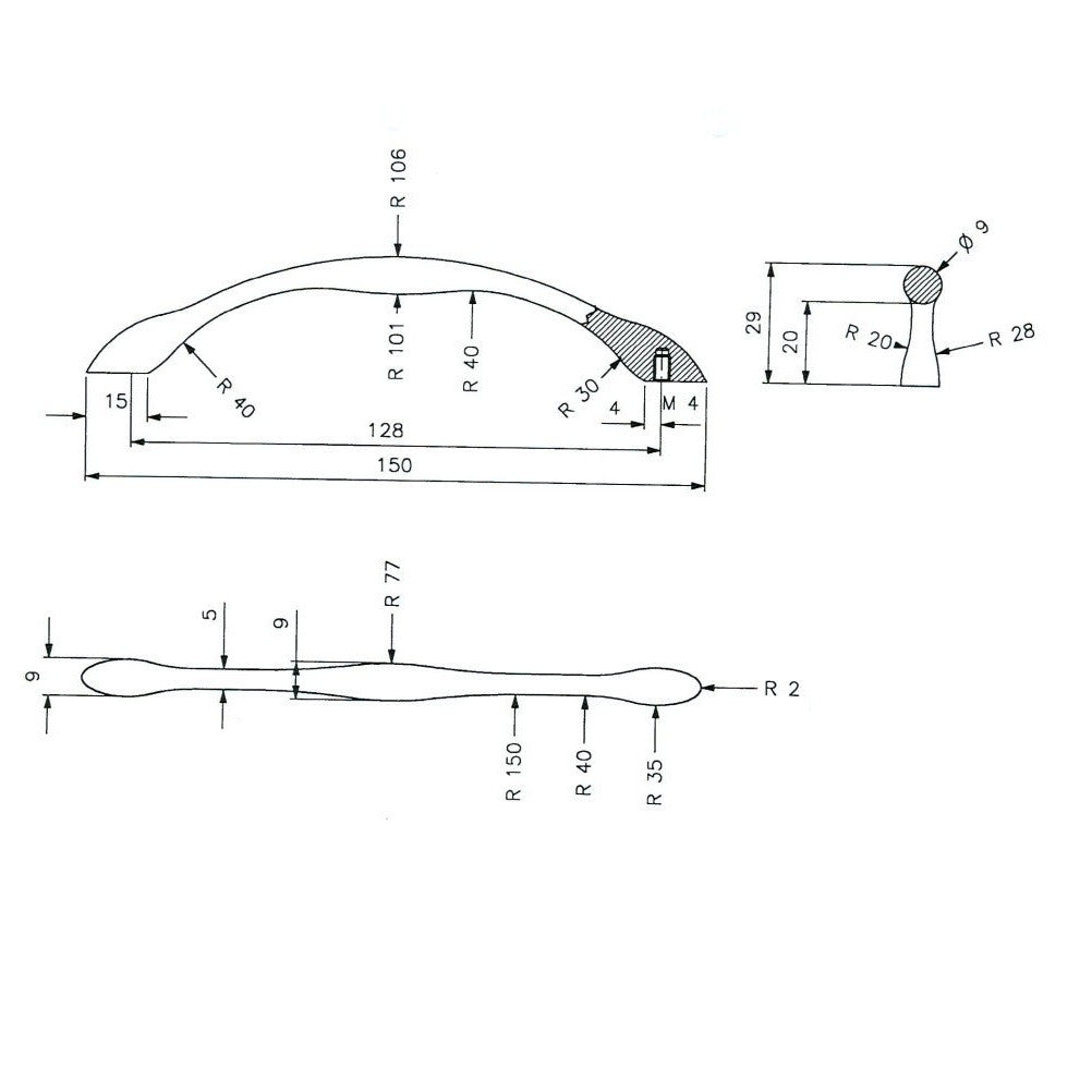 Technische Zeichnung Bogengriff Aglaja 128 mm auf weissem Hintergrund