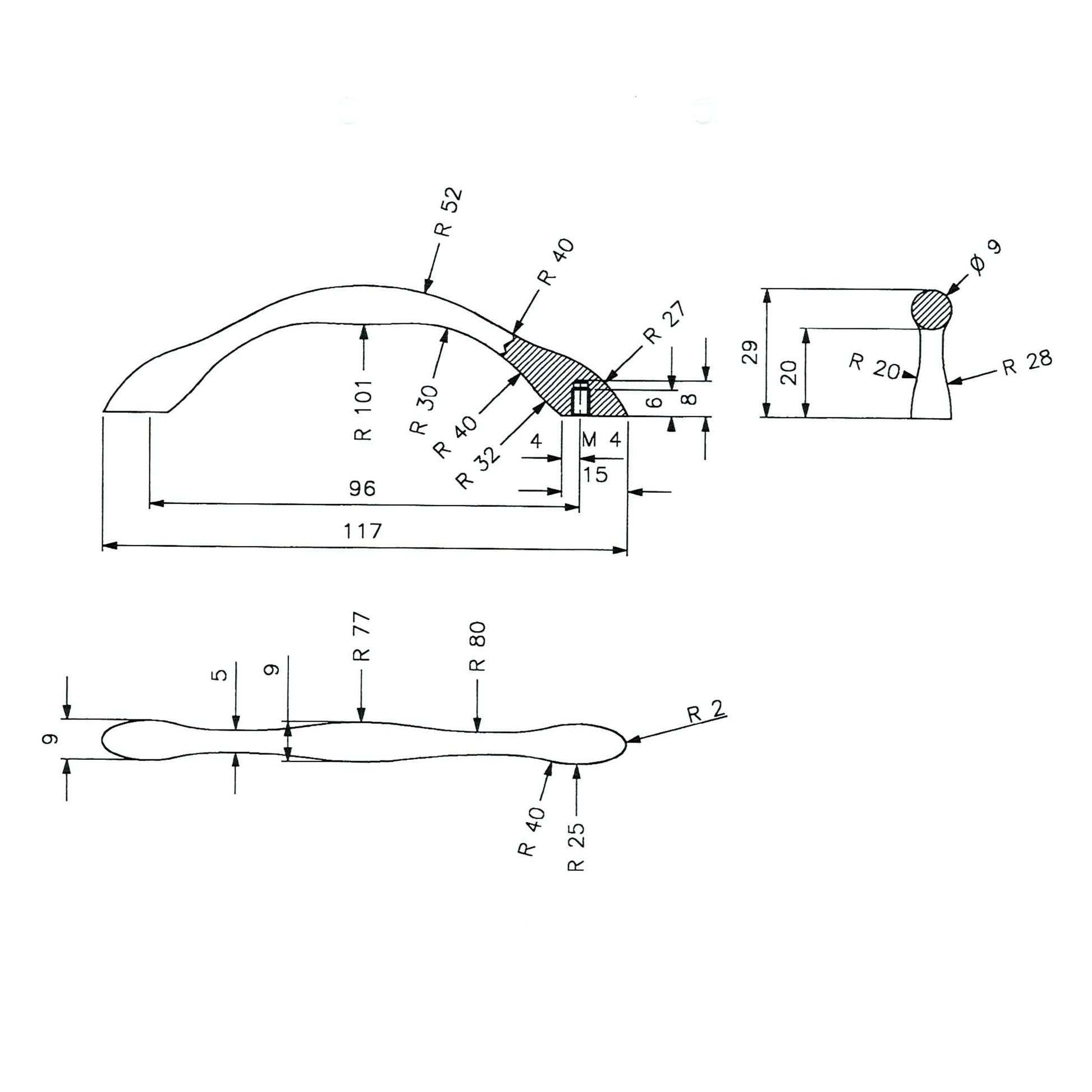 Technische Zeichnung Bogengriff Aglaja 96 mm auf weissem Hintergrund