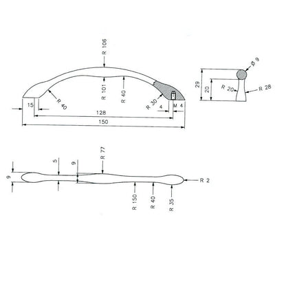 Technische Zeichnung Bogengriff Aglaja 128 mm auf weissem Hintergrund