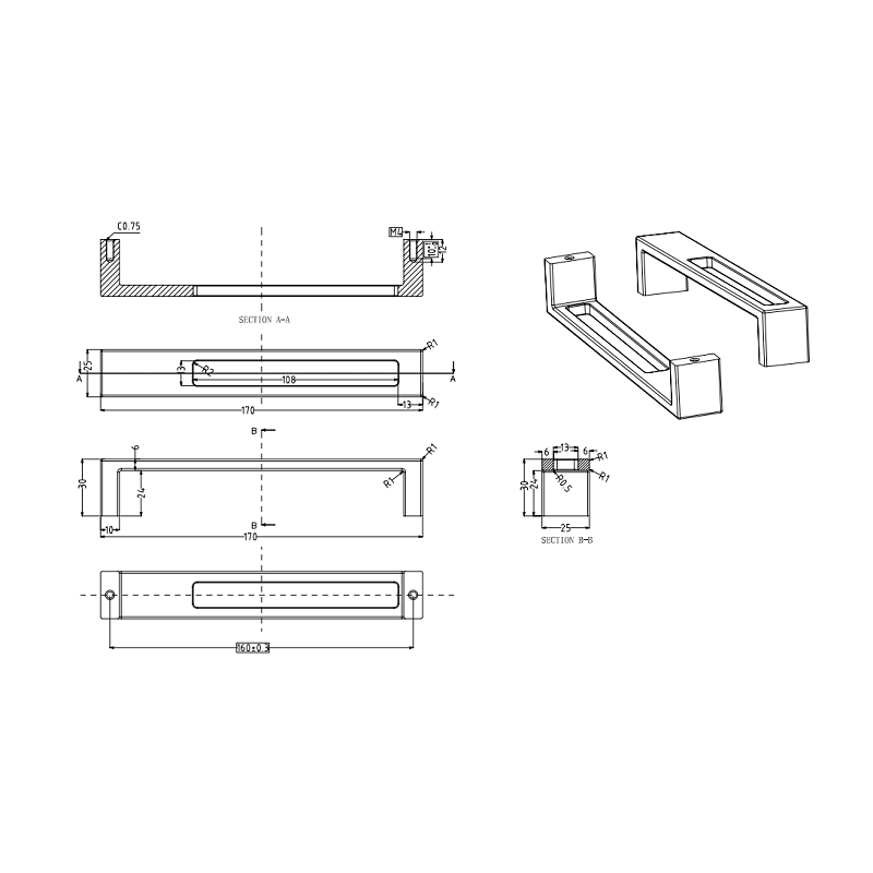Technische Zeichnung Design-Bügelgriff Alnus 160 mm
