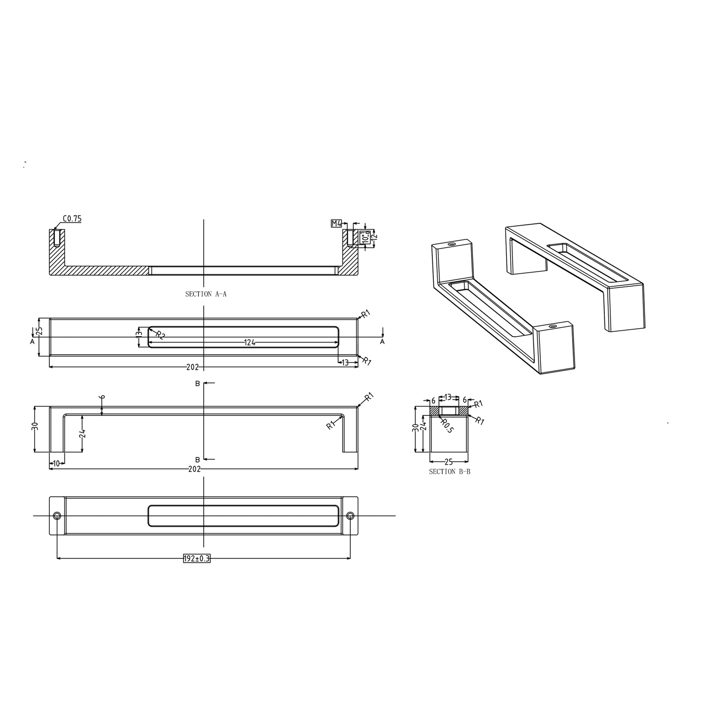Technische Zeichnung Design-Bügelgriff Alnus 192 mm