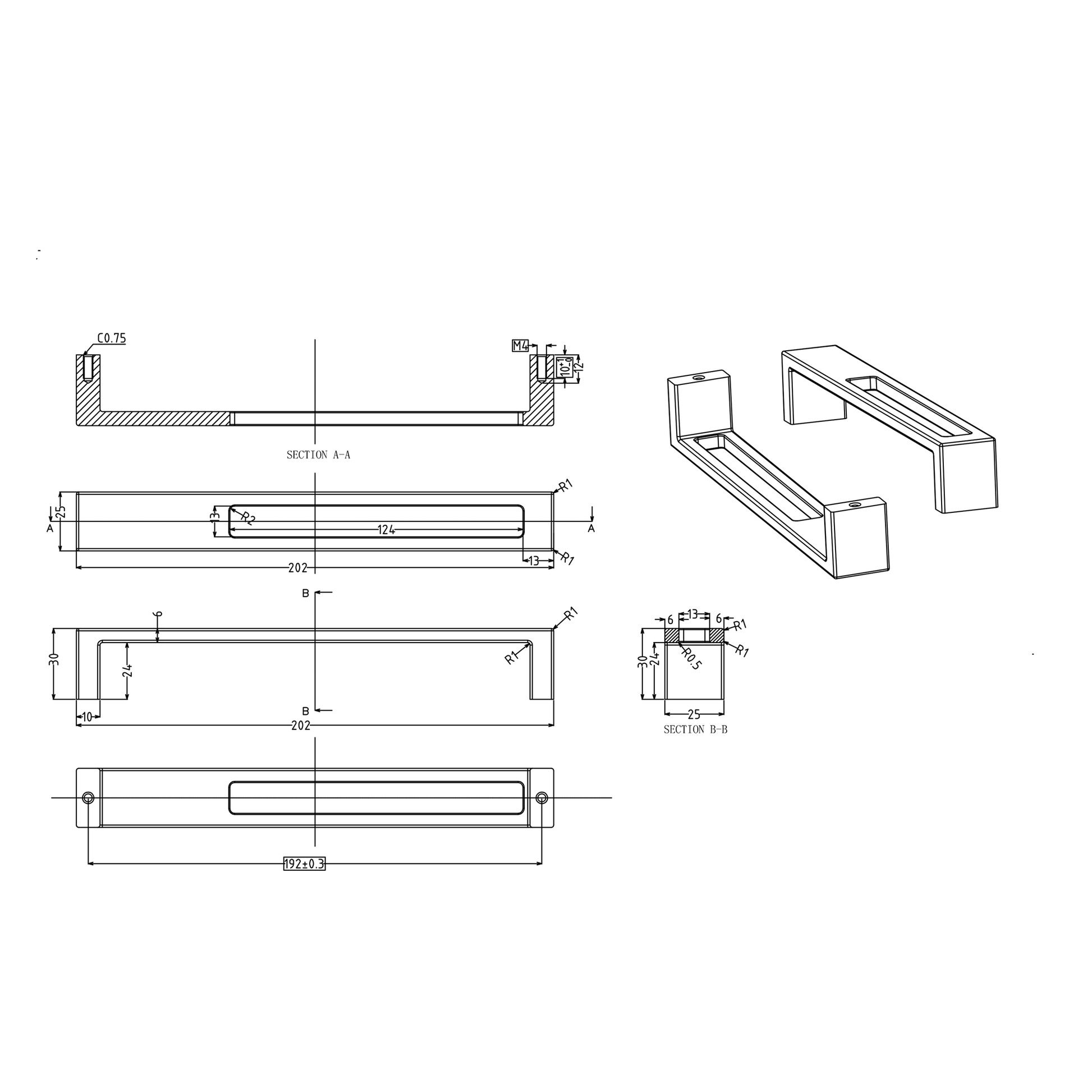 Technische Zeichnung Design-Bügelgriff Alnus 192 mm