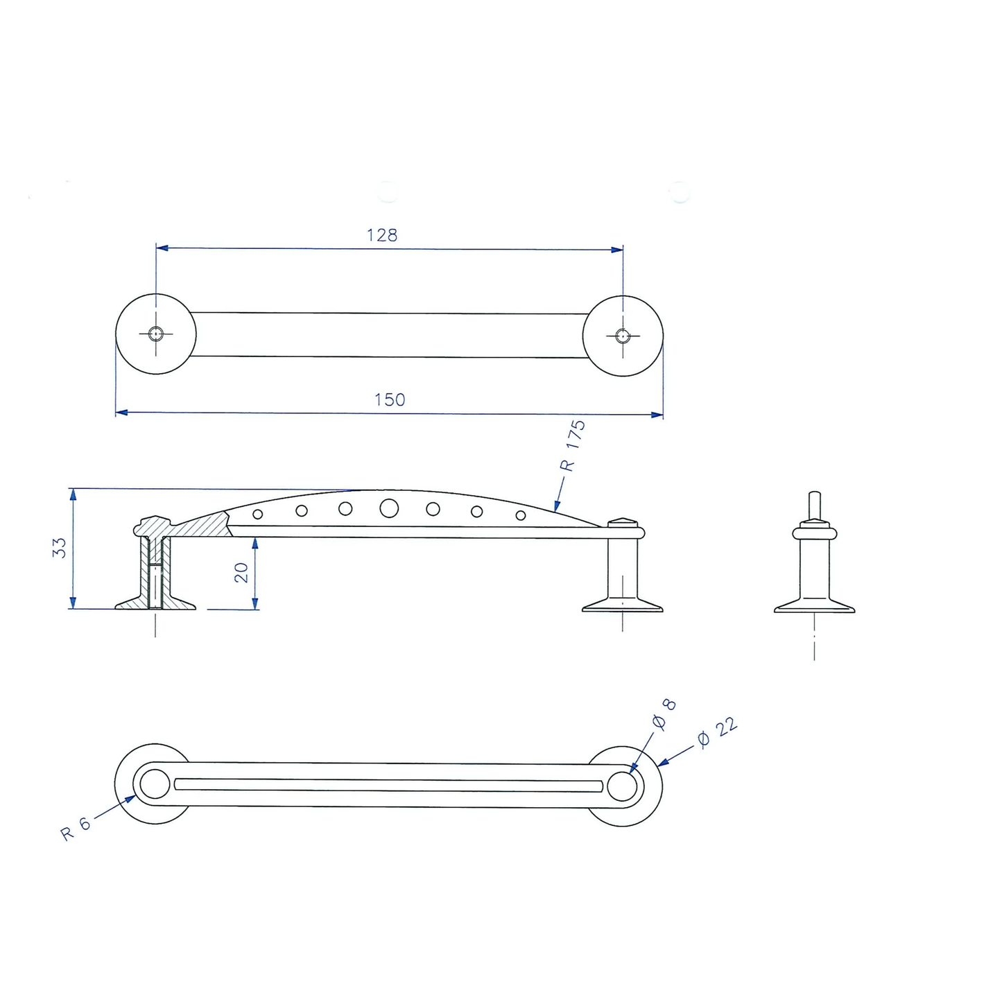 Technische Zeichnung Bügelgriff Aloe 128 mm
