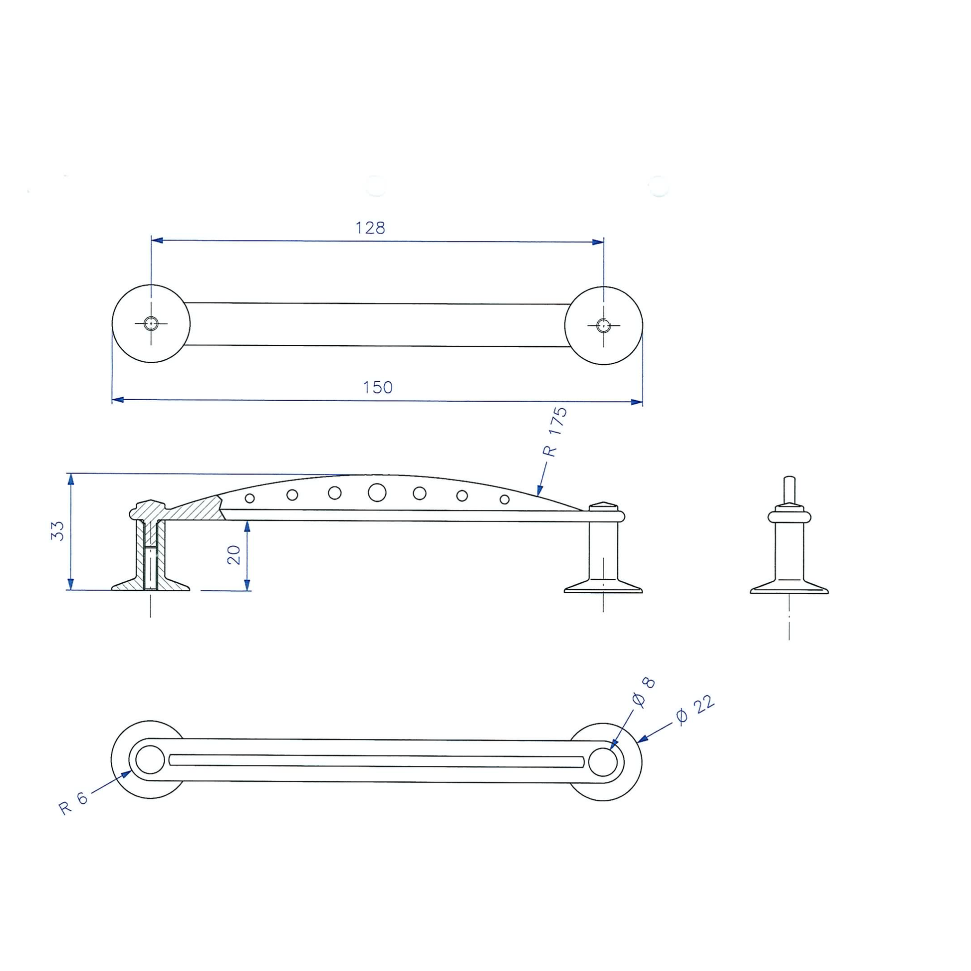 Technische Zeichnung Bügelgriff Aloe 128 mm
