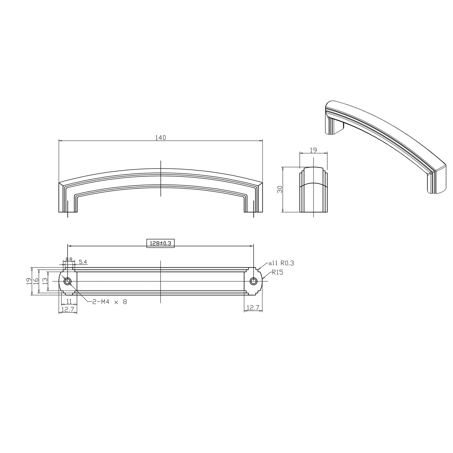 Antik-Bügelgriff Zimanga 128 mm Technische Zeichnung