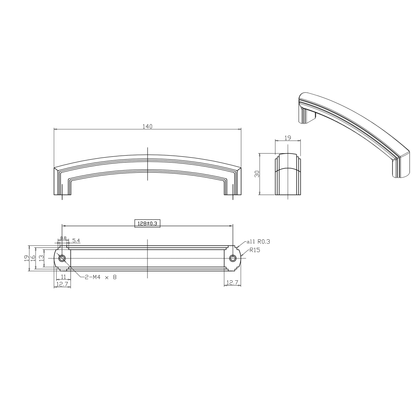 Antik-Bügelgriff Zimanga 128 mm Technische Zeichnung