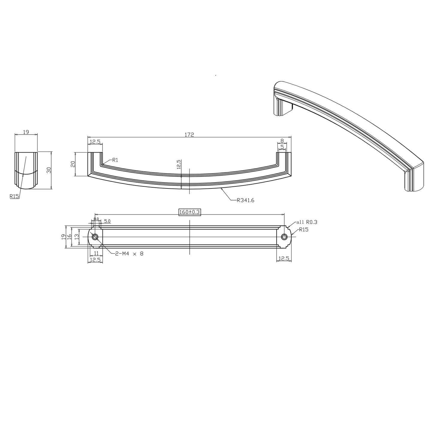 Antik-Bügelgriff Zimanga 160 mm Technische Zeichnung