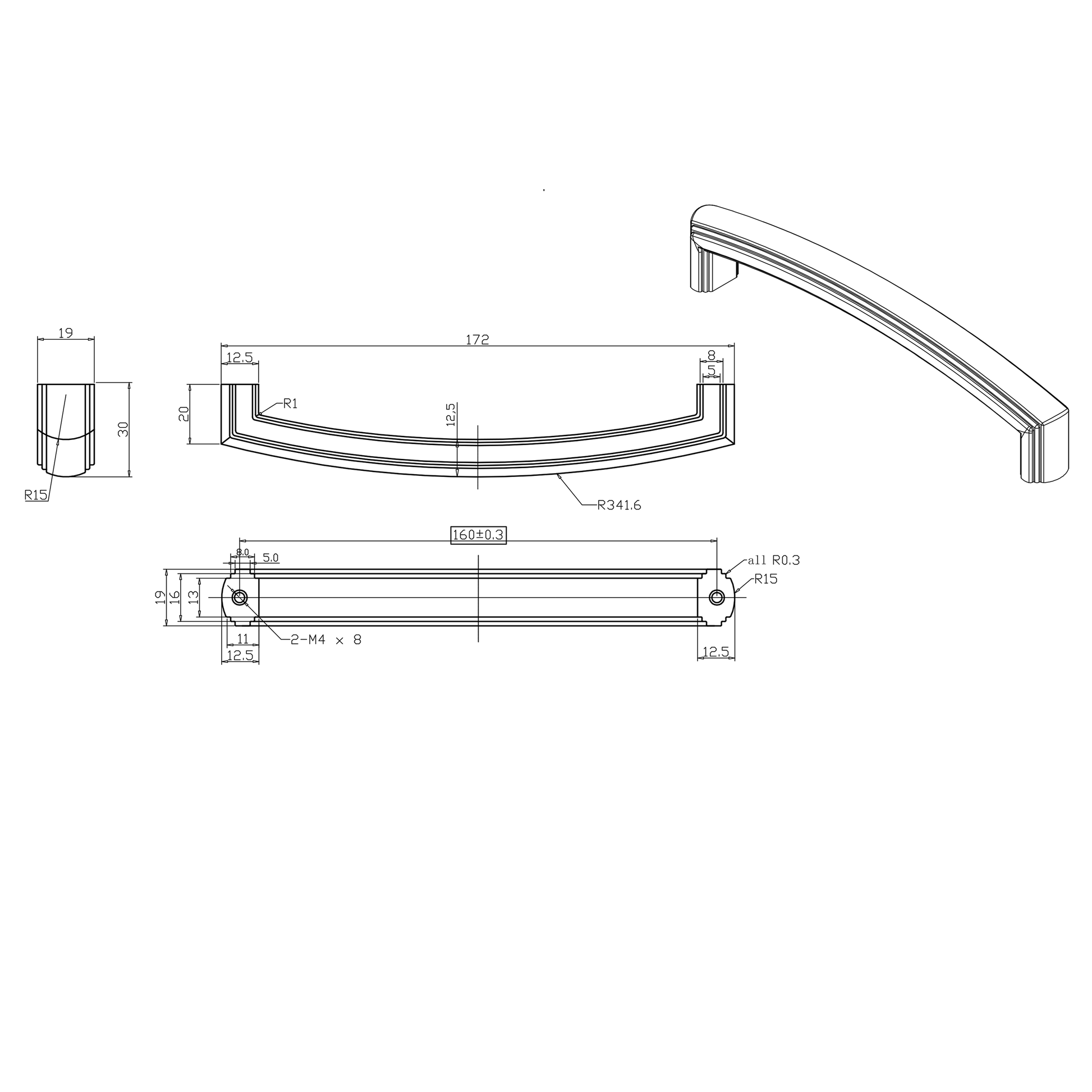 Antik-Bügelgriff Zimanga 160 mm Technische Zeichnung