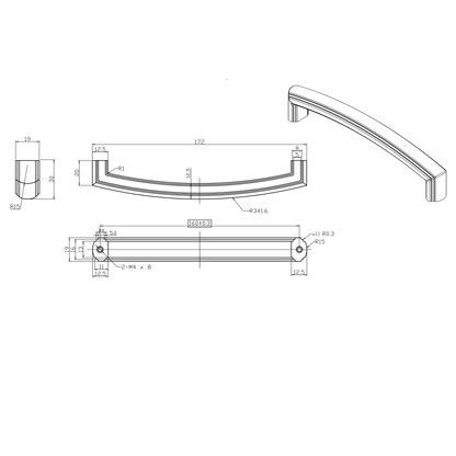 Antik-Bügelgriff Zimanga 160 mm Technische Zeichnung