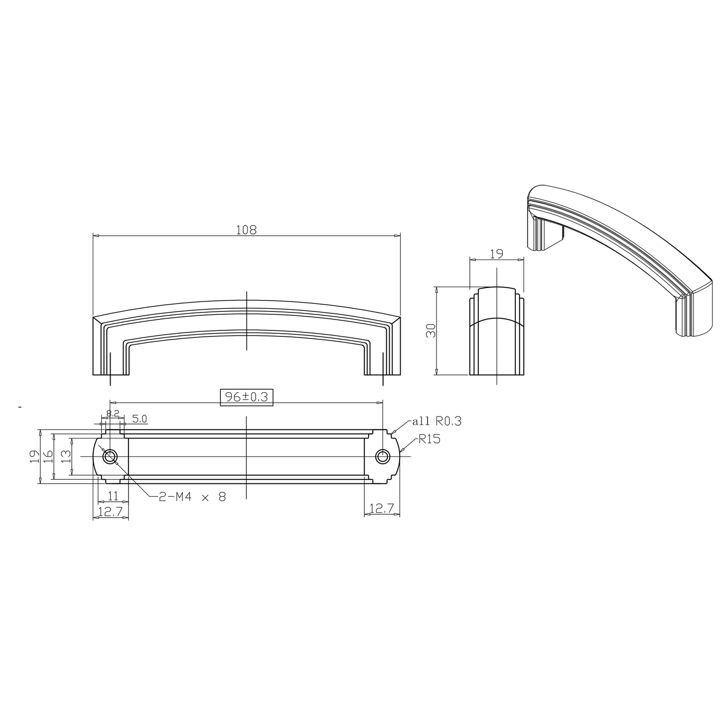 Antik-Bügelgriff Zimanga 96 mm Technische Zeichnung