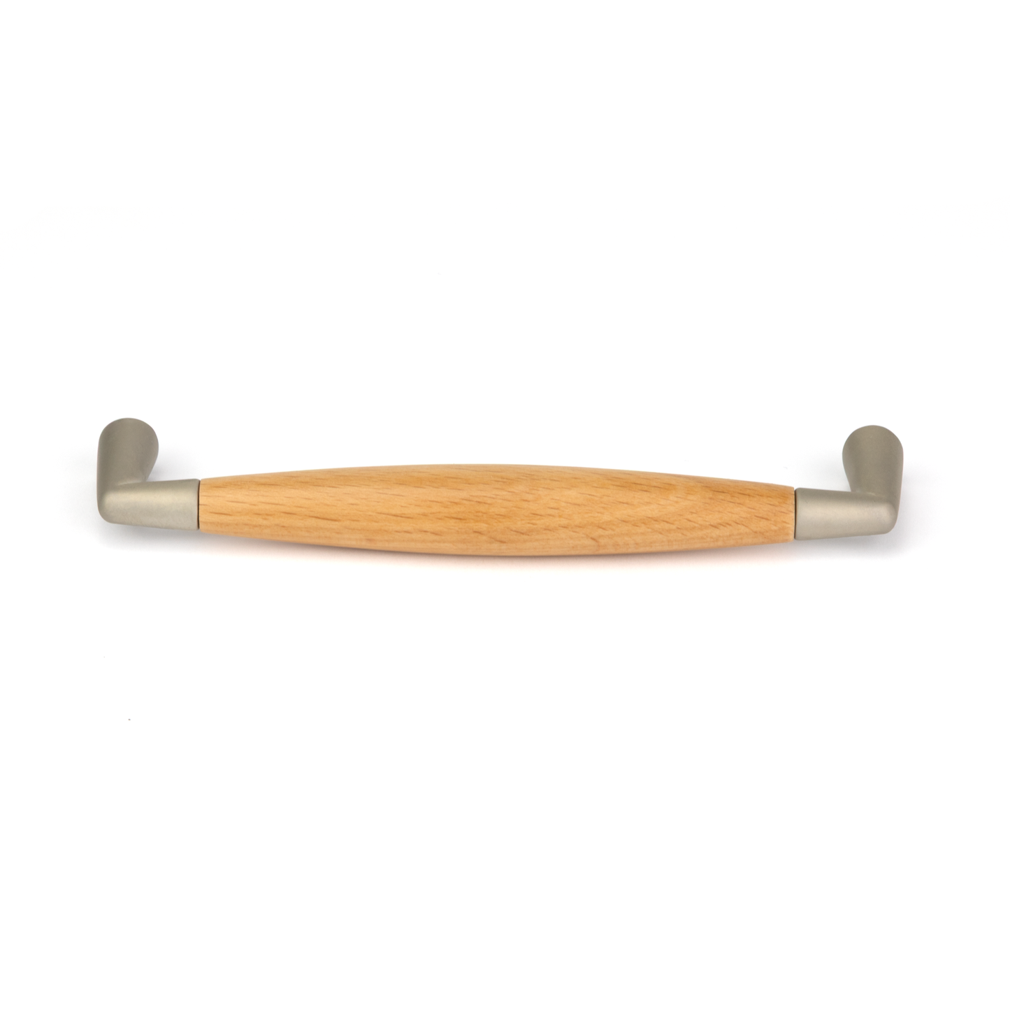 Design-Bügelgriff Bavena 128 mm in heller Buche und Nickel matt frontal liegend auf weißem Hintergrund
