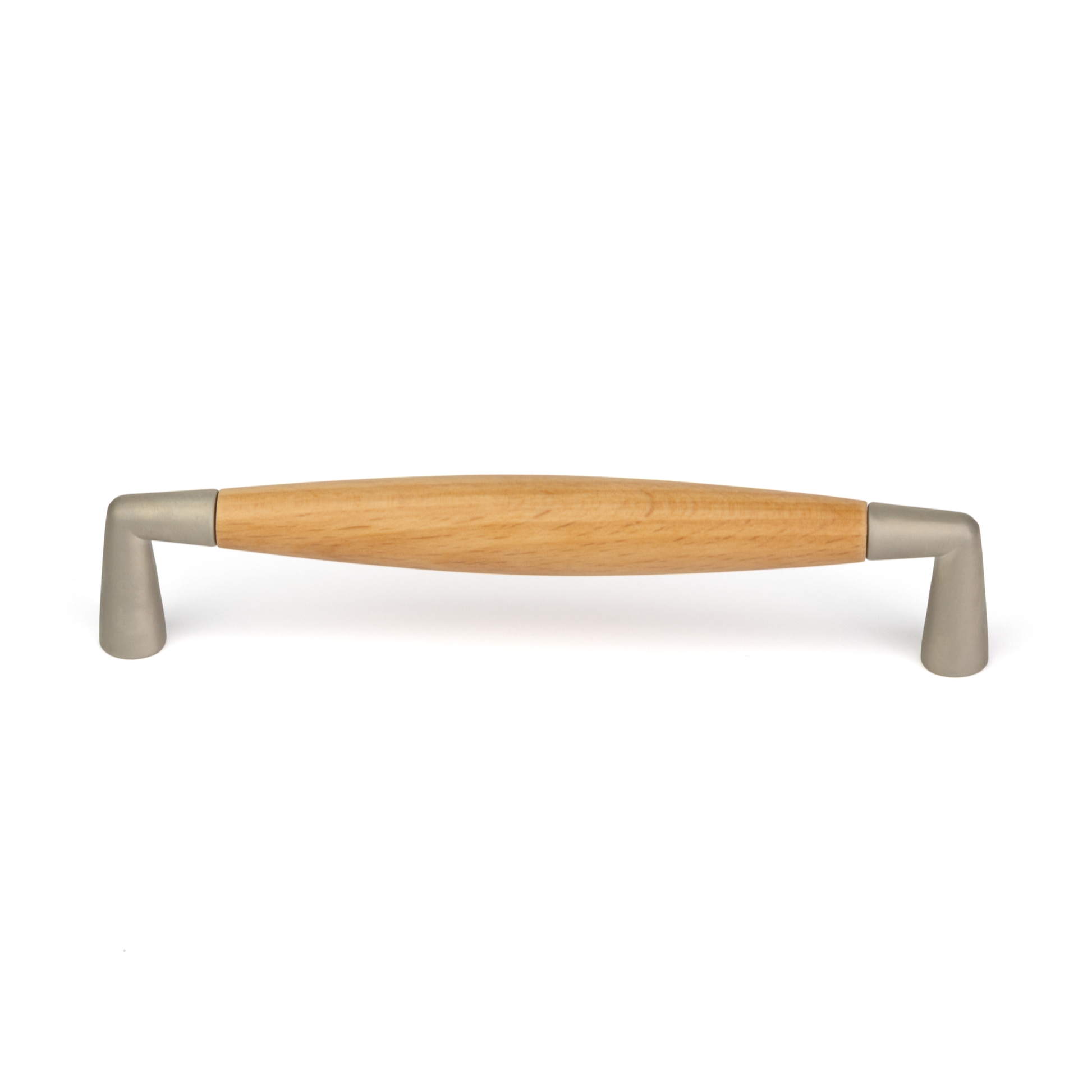 Design-Bügelgriff Bavena 128 mm in heller Buche und Nickel matt frontal auf weißem Hintergrund
