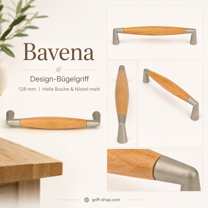 Design-Bügelgriff Bavena 128 mm in heller Buche und Nickel matt Mood Bild