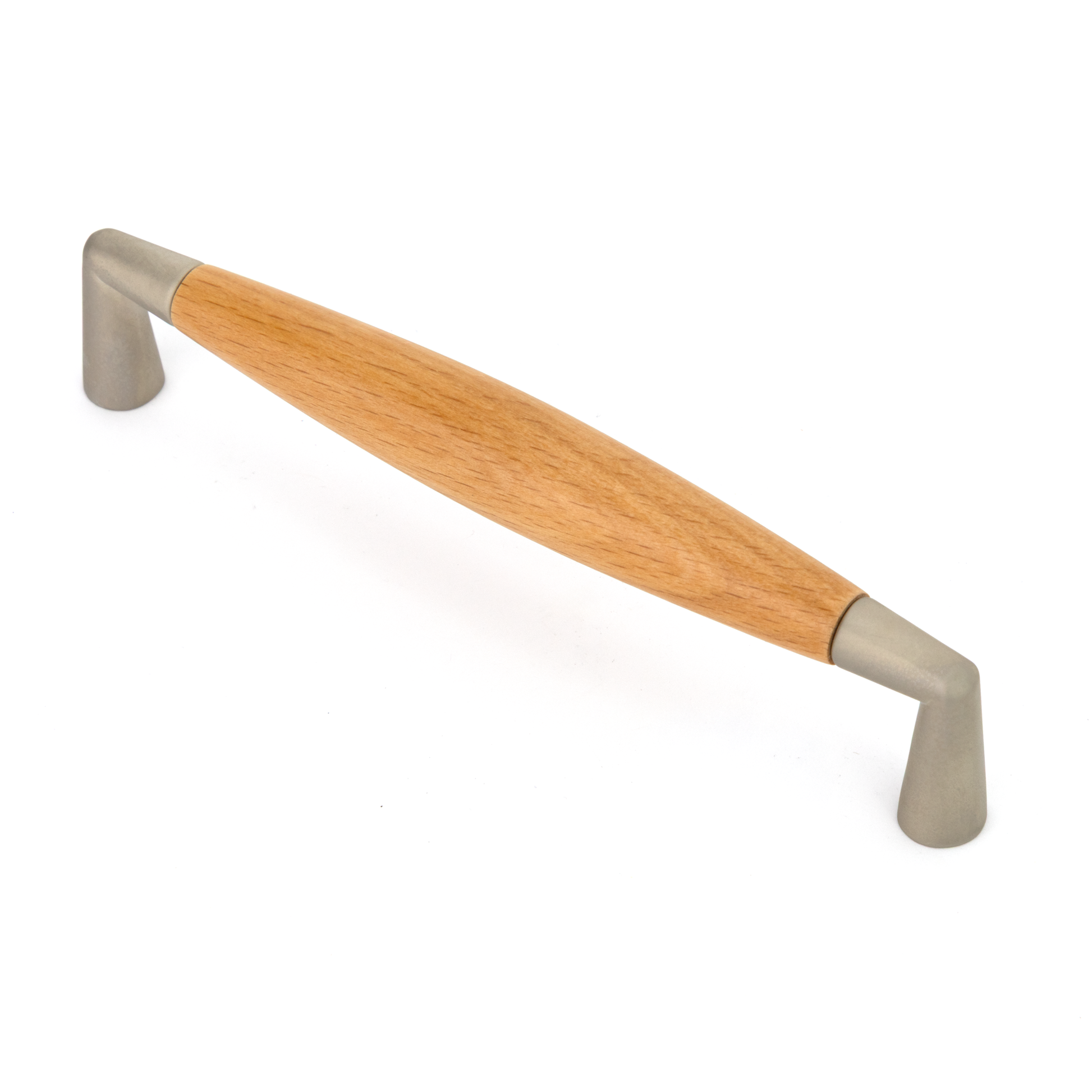 Design-Bügelgriff Bavena 128 mm in heller Buche und Nickel matt seitlich auf weißem Hintergrund
