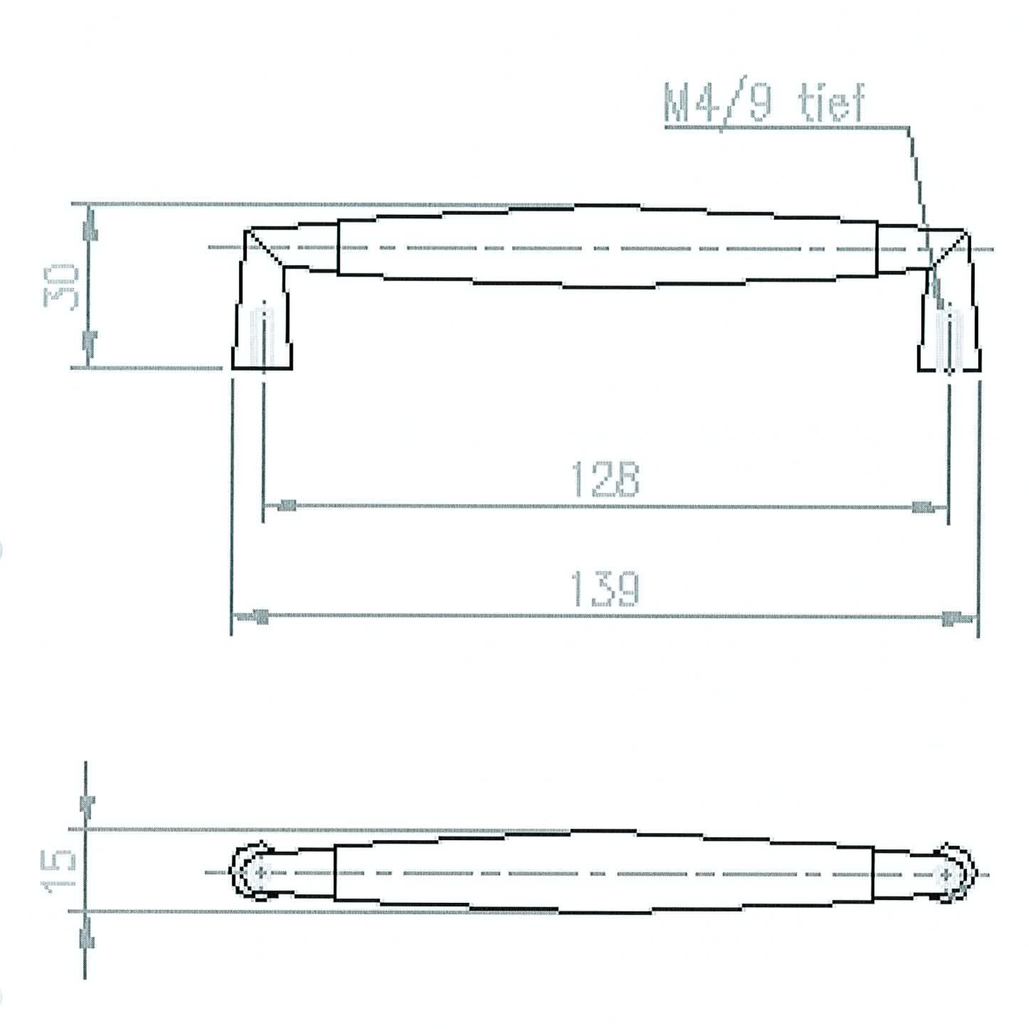Technische Zeichnung Design-Bügelgriff Bavena 128 mm

