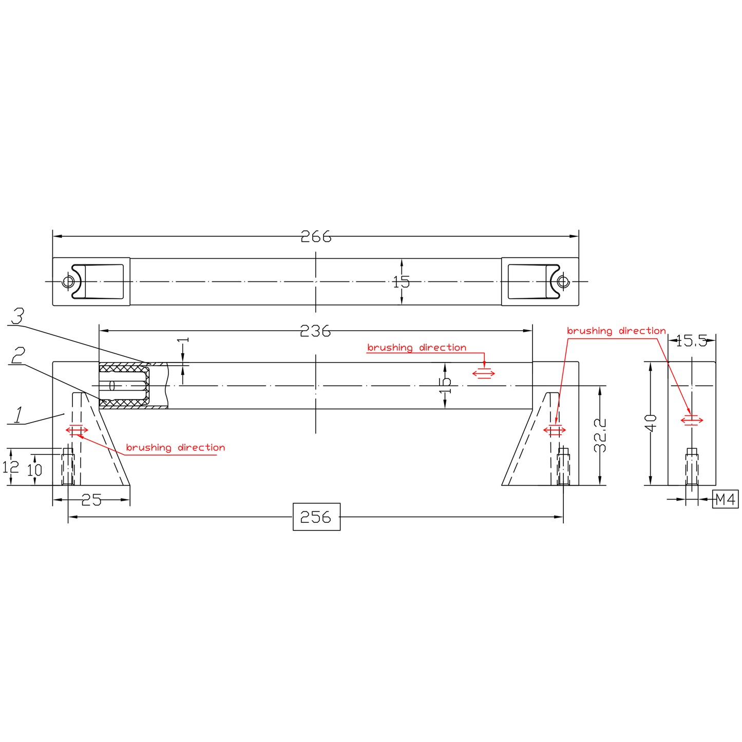 Technische Zeichnung Bügelgriff Beldin 256 mm und 736 mm
