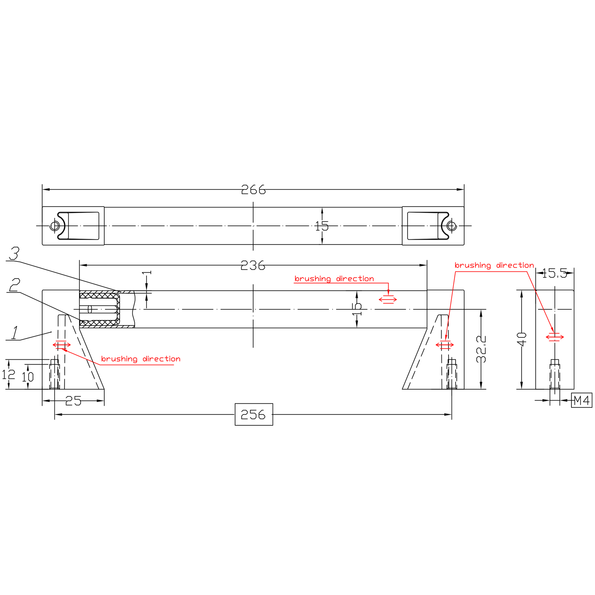 Technische Zeichnung Bügelgriff Beldin 256 mm und 736 mm
