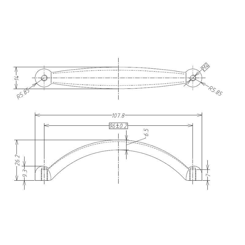 Technische Zeichnung Bogengriff Agata 96 mm auf weißem Hintergrund