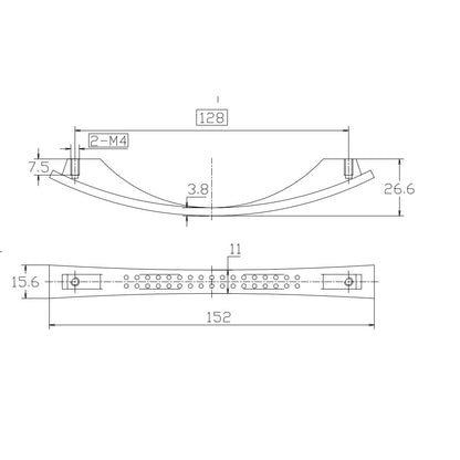 Technische Zeichnung Bogengriff Tilija 128 mm Chrom matt galvanisiert auf weißem Hintergrund