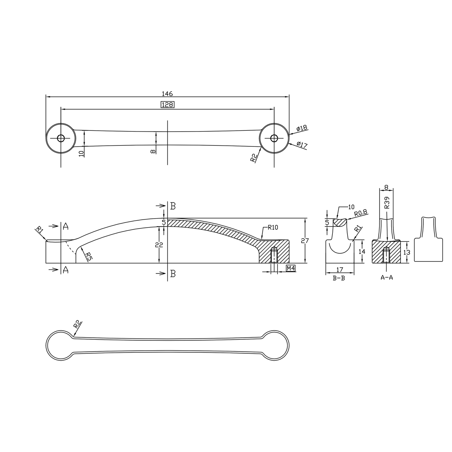 Technische Zeichnung Bügelgriff Bonnie 128 mm
