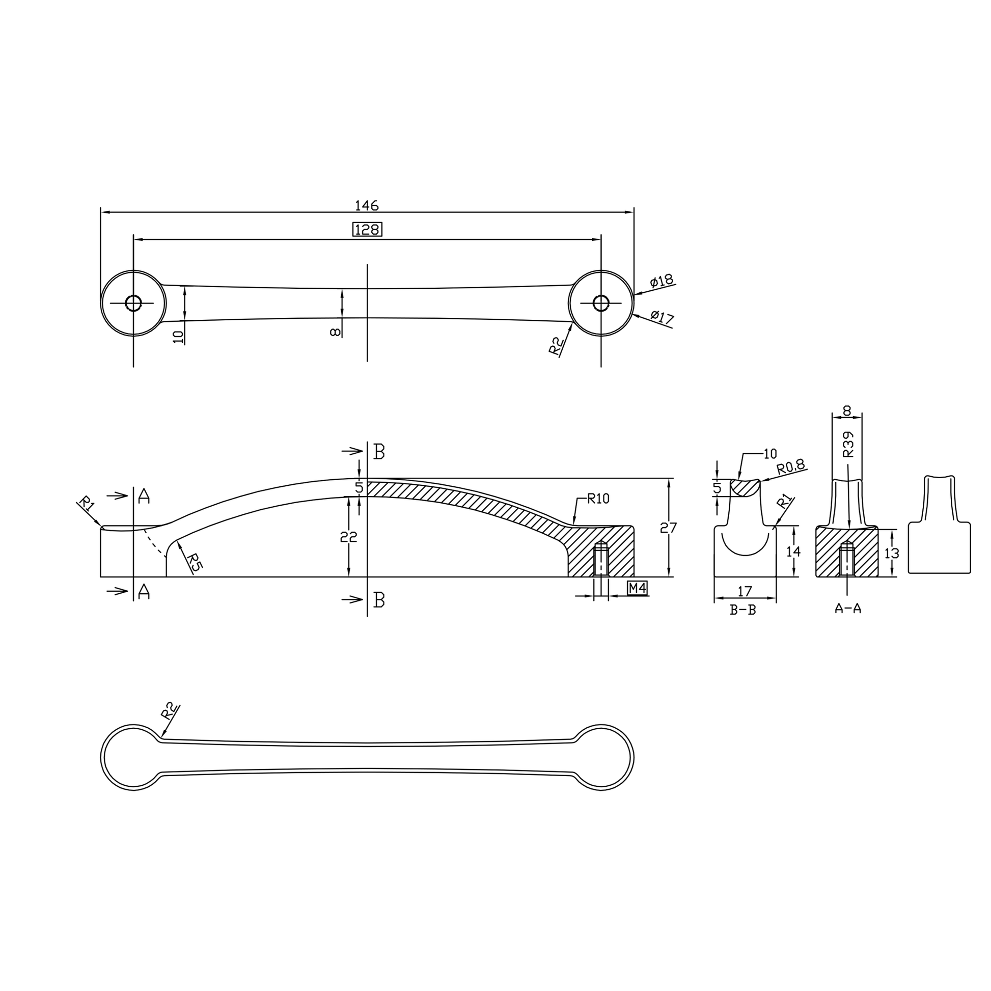 Technische Zeichnung Bügelgriff Bonnie 128 mm

