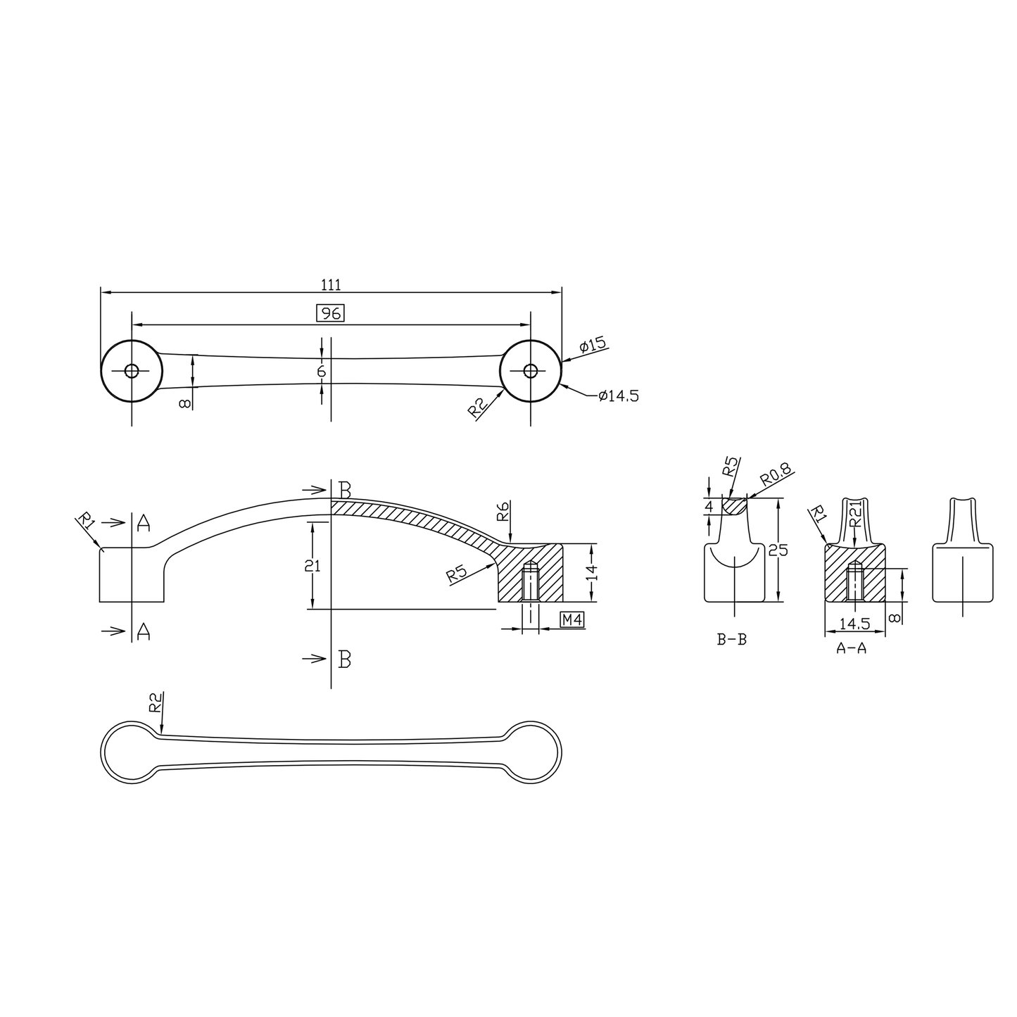 Technische Zeichnung Bügelgriff Bonnie 96 mm 
