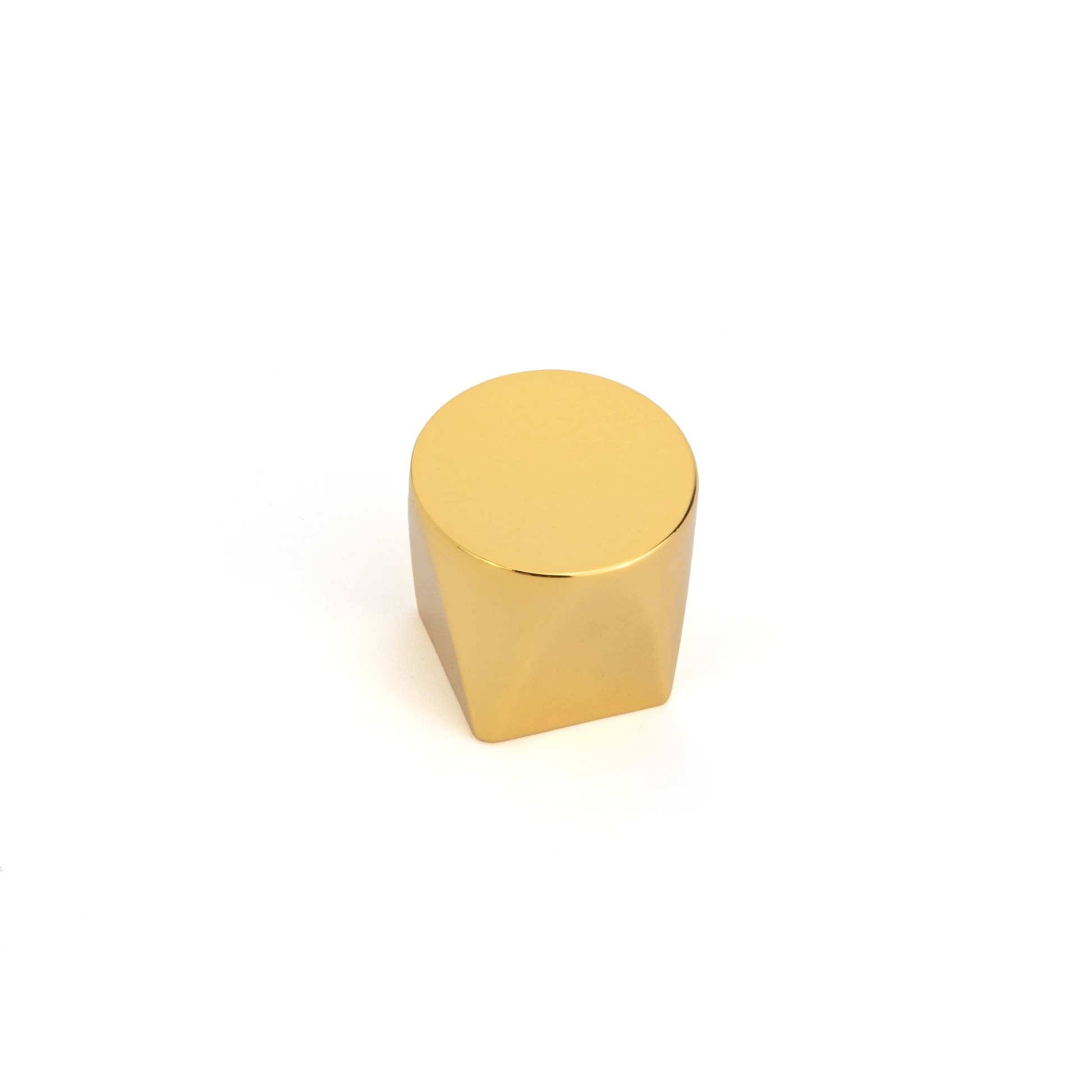 Design-Möbelknopf Bromia Gold glänzend stehend auf weißem Hintergrund
